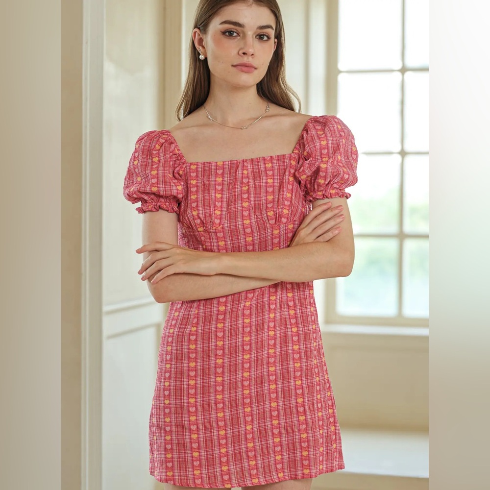Rosie Posie Pink Yellow Heart-Patterned Plaid Puff Sleeve Dress NWT size medium - Picture 4 of 4